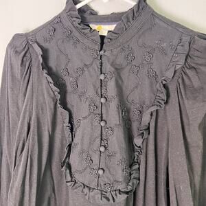 Boden Womes Sz 12 Black Ruffle Neck Blouse Y2K Vacation Gothic Witchy